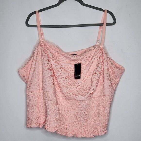 6X 30W Torrid Impatient Pink Lace Crop Top Smocked Square Neck Tank Adjustable - Picture 2 of 7